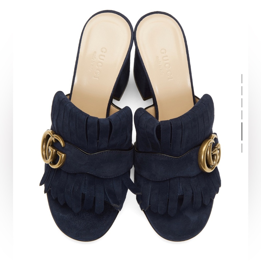 Gucci Marmont blue suede open toe block heel mules. Size 8/38.